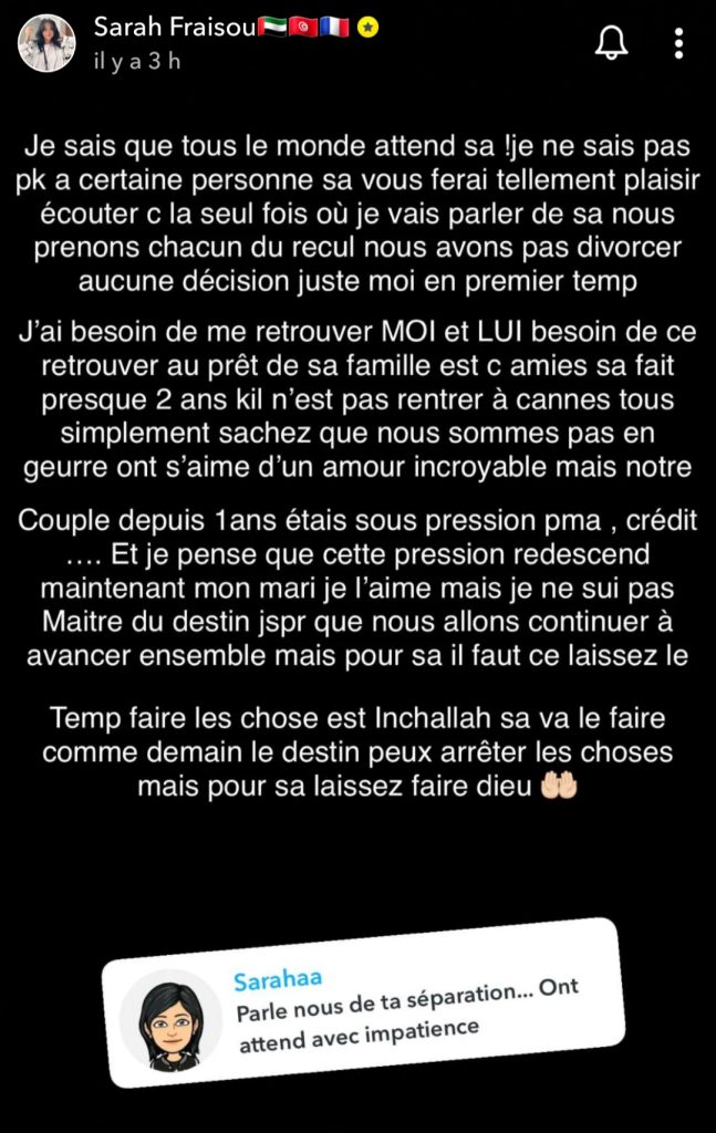 Sarah Fraisou rupture avec Medhi 